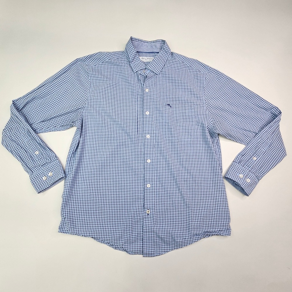Tommy Bahama Button Down Shirt Mens L Blue Gingham Good Long Sleeve Cotton Blend
